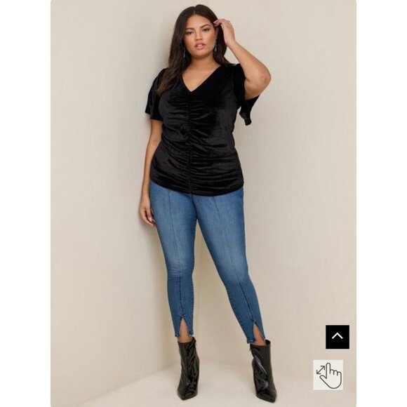 Torrid Size 1 Black Stretch Velvet Shirred-Front Flutter Sleeve Top - Picture 2 of 8